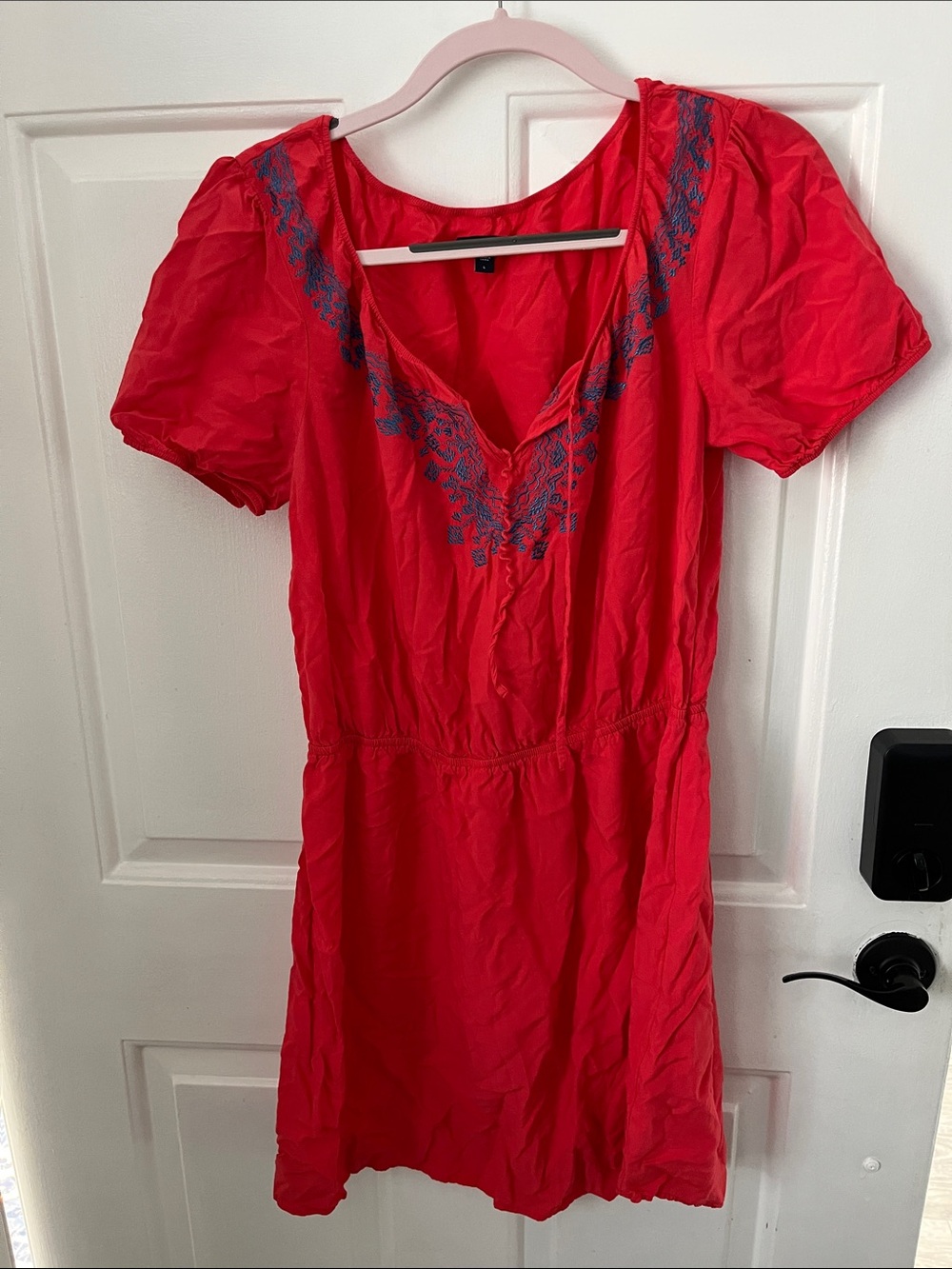 GAP Bright Red Coral Mini Dress with Blue Embroidery